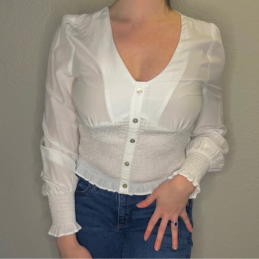 Taylor Grace white cottagecore pirate ruffle blouse with puffy sleeves